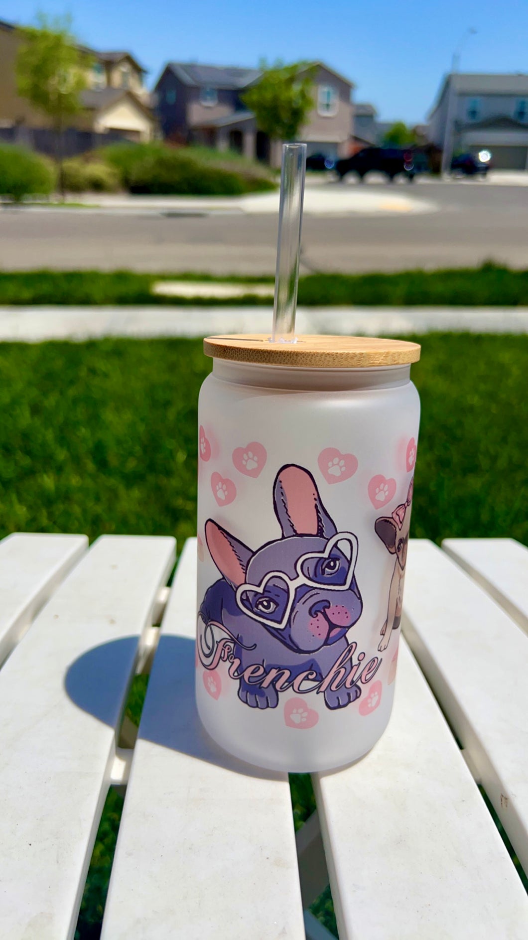 Frenchie glass can cup