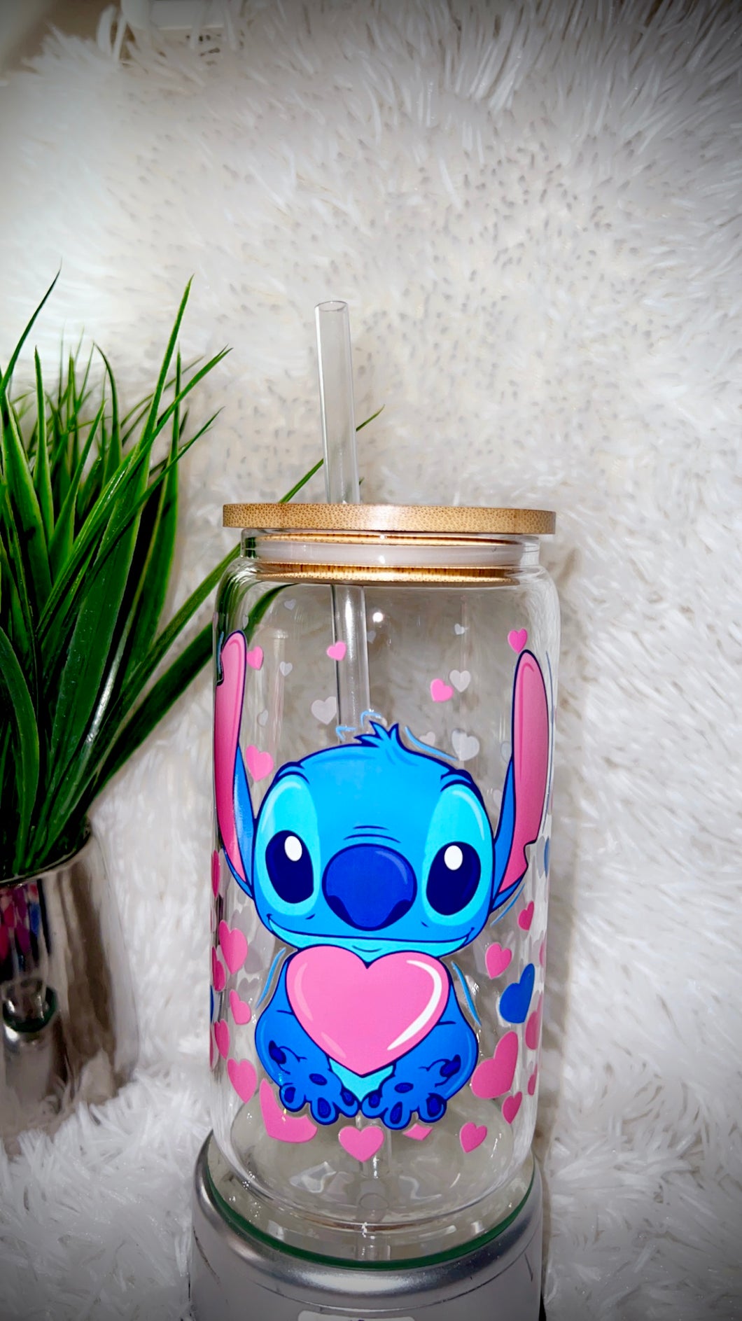 Glass blue & pink guy cup